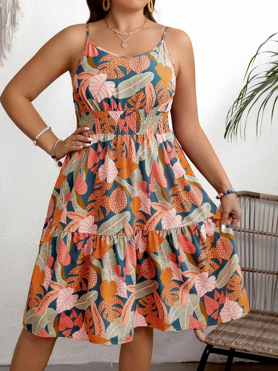 SHEIN LUNE 女款大尺寸熱帶印花收腰細肩帶洋裝 - 彩色 - 查看 1