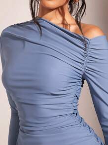 SHEIN BAE Women'S Asymmetrical Neckline Long Sleeve Ruched Tight-Fitting Bodycon Dress