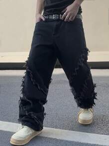 Manfinity EMRG Loose Fit Men's Solid Color Frayed Edge Jeans Without Belt, Grunge - Black - View 5