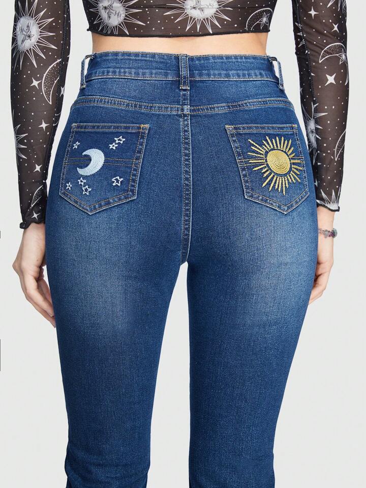 Our Hippie Women'S Sun & Moon Embroidery Flared Denim Pants is