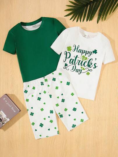 SHEIN 3pcs/Set Tween Boy Snug Fit Casual Four-Leaf Clover & Letter Printed Crewneck Tops, Solid Color Top And Printed Shorts, Home Wear