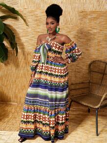 Slaydiva Đầm nữ trễ vai in họa tiết hình học, thích hợp cho kỳ nghỉ. - Nhiều màu - Xem 3