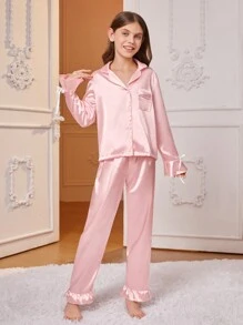 青少年女孩简约纯色长袖 T 恤和裤子睡衣套装，袖口和下摆带褶边 - 淺粉色 - 查看 3