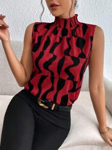 SHEIN Privé Women's Random Printed Stand Collar Sleeveless Blouse,Sleeveless Tops