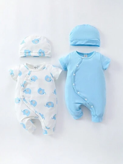 新生男嬰大像印花短袖連身褲