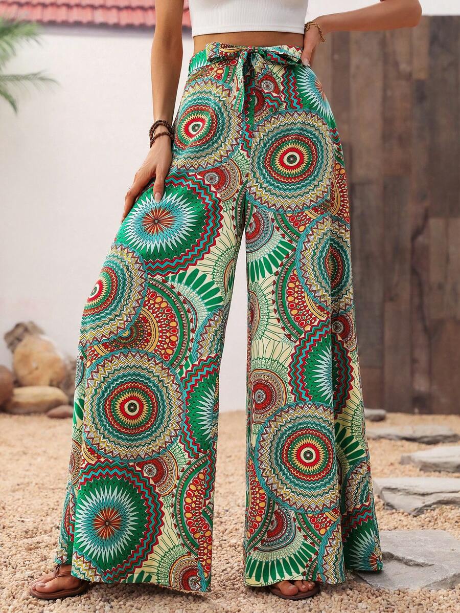 Breezaya Women's Full Printed Wide Leg Pants Palazzo Pants Fall Cloth For Women - Green - View 1