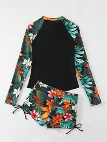 Swim SPRTY Conjunto De Traje De Baño Tankini, Con Estampado Tropical, Camiseta De Manga Larga Con Mangas De Diferentes Colores Y Pantalones Cortos Ajustables Con Cordón En Los Lados - Multicolor - Ver 7