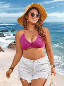 Flirla Plus Size Women's Halter Neck Cropped Knit Top Beach Tops - Black - View 5