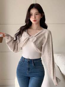 DAZY Women's Twisted Knit Batwing Sleeve Cropped Sweater,Fall Clothes - Beige - View 1