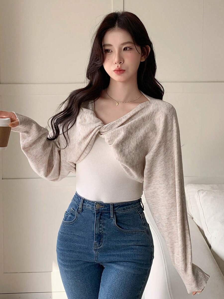 DAZY Women's Twisted Knit Batwing Sleeve Cropped Sweater,Fall Clothes - Beige - View 1