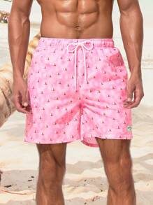 Surfspeed Men's Sailboat Printed Drawstring Waist Beach Shorts - Pink - View 3