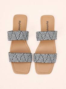 Styleloop Quý cô Đen Và Trắng Sọc Chóp giầy hình vuông Chóp giầy mở ra Bằng phẳng Mở ngón chân Dép đi trong nhà - màu đen - Xem 9