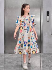 SHEIN Tween Girls' Loose Fit Vintage Cartoon Pattern Ruffle Trim Dress
