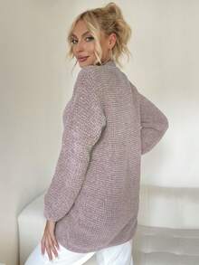 Women Solid Color Chenille Button Front Long Sleeve Casual Cardigan Sweater - Purple - View 2