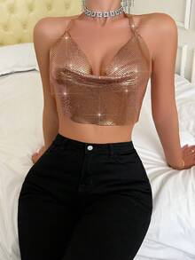 Allurite Top De Camiseta Halter De Cuello Drapeado Con Brillo Y Espalda Abierta - Café integral - Ver 5