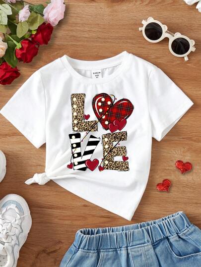 SHEIN Leap Crew Casual Minimalist LOVE Print Short Sleeve T-Shirt, Suitable For Young Girls In Summer (Cotton Blended)
