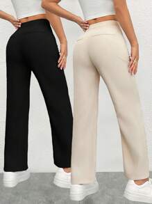 SHEIN PETITE Conjunto de dos piezas de pantalones de pierna recta de unicolor, para mujeres de talla pequeña - Multicolor - Ver 2