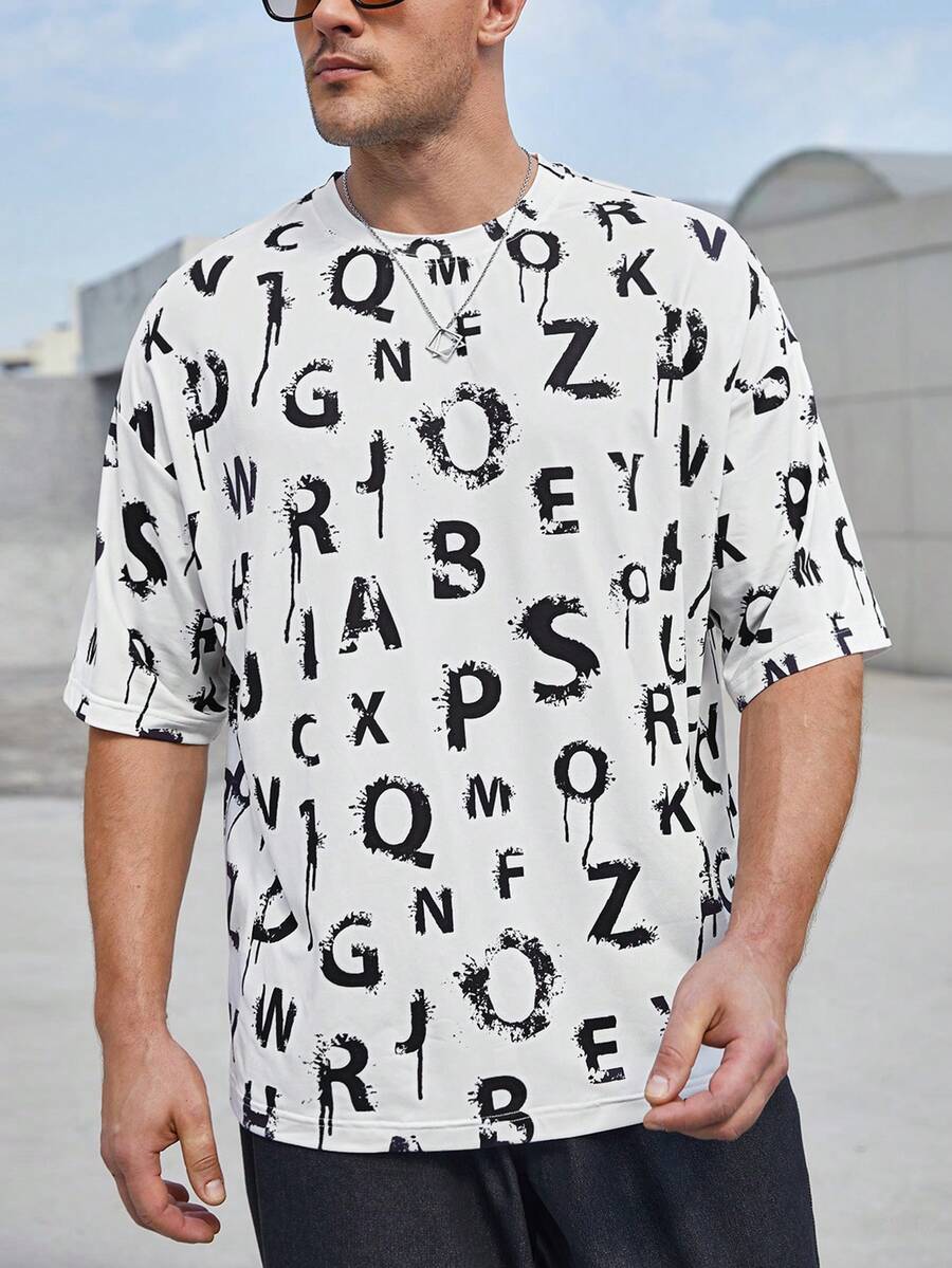 Manfinity Homme Nam Kích thước lớn Lá thư In Thả vai Áo thun - Đen và trắng - Xem 1