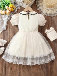 SHEIN Vestido De Cintura Imperio Para Niña Joven Con Malla Cosida Y Detalles De Botones