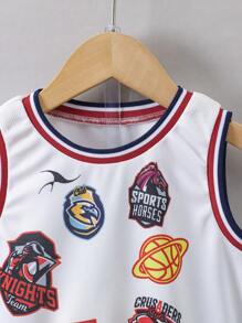 SHEIN Young Boy Letter Print Tank Top And Shorts Two Pieces Set, School, Campus, College