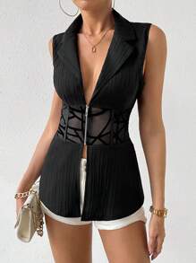 SHEIN Raffinéa Women's Mesh Contrast Front Zip Suit Vest - Black - View 6