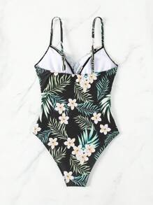 Swim Lushoire Costume da bagno intero da donna con bretelle a spaghetti e motivo casuale di piante, adatto per nuoto, vacanze, spiaggia estiva