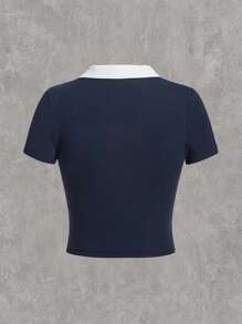 SHEIN EZwear Plus Size Color Block Crop T-Shirt With Contrast Collar, Summer