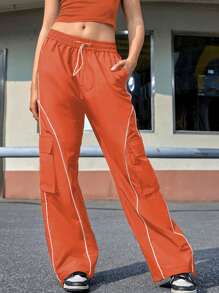 Street Double Drawstring Waist Flap Pocket Cargo Pants - Orange - View 1