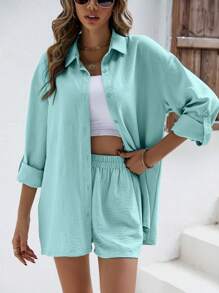SHEIN Frenchy Camisa de lino de hombro caído y pantalón corto de lino - Conjunto de tela de lino, ropa de vuelta al colegio para otoño, ropa de mujer estilo "Viejo dinero", atuendos de maestra, ropa de negocios para mujer, camisas de maestra - verde menta - Ver 1