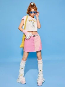 SHEINNeu 女款拼色前足扣開叉半身裙 - 粉色 - 查看 8