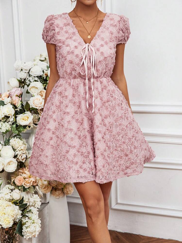 Women's 3d Flower Decor Front Tie Dress