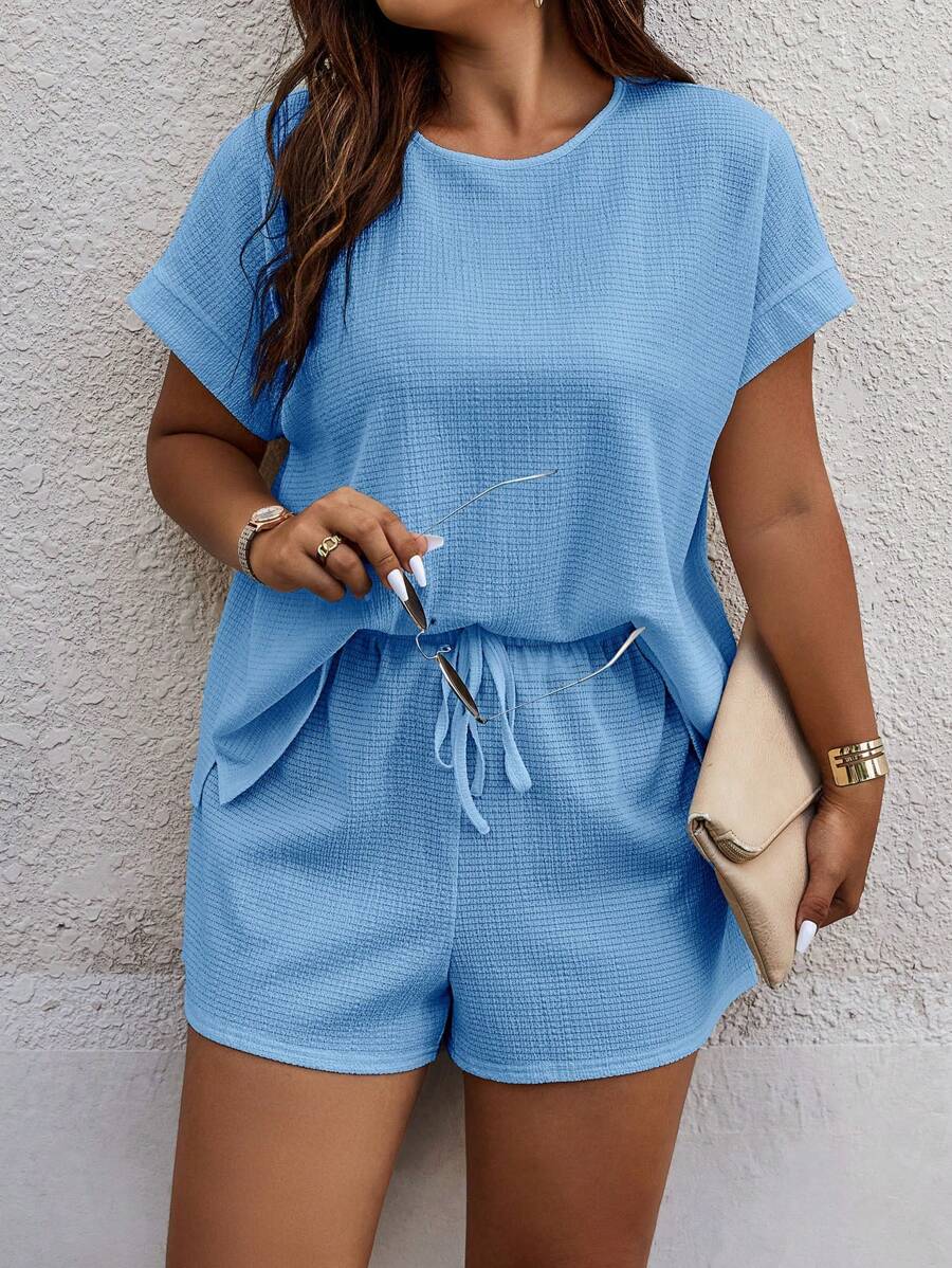 Calvaya Conjunto De Dos Piezas Para Mujer De Talla Grande, De Color Sólido Y Casual - Celeste - Ver 1