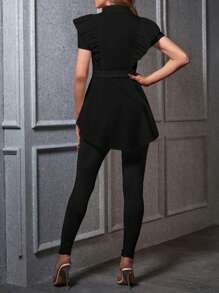 SHEIN Privé Ladies' Ruffle Trim Shirt And Skinny Pants 2 Piece Set - Black - View 2