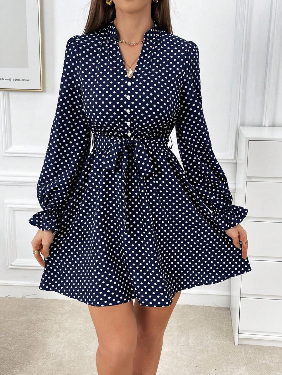 SHEIN Privé Polka Dot Ruffled Sleeve Belted Dress For Women