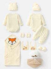 SHEIN 新生兒禮物盒套裝,包括動物印花連身衣和長褲,休閒、舒適、簡約風格,適用於春夏日子 - 杏色 - 查看 2