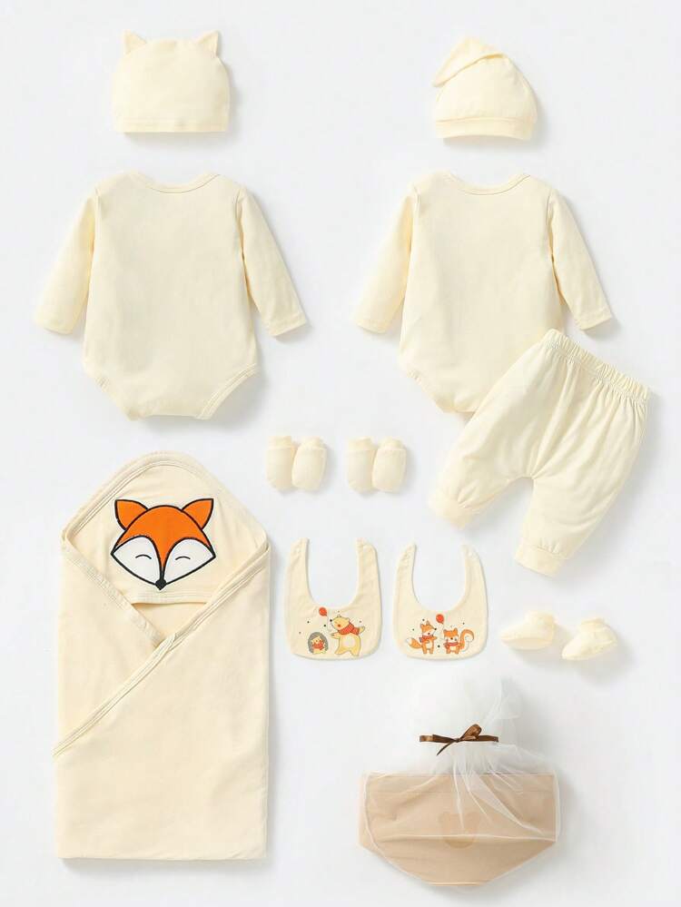 Newborn Baby Gift Box Set With Animal Printed Romper And Long Pants, Casual, Comfortable, Simple Style, Suitable For Spring And Summer Days