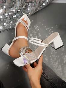 New Square Toe Thick Heel Sandals, Versatile High-End French Style Crystal Embellished High Heels For Commuting, Business And Daily Wear - White - View 1