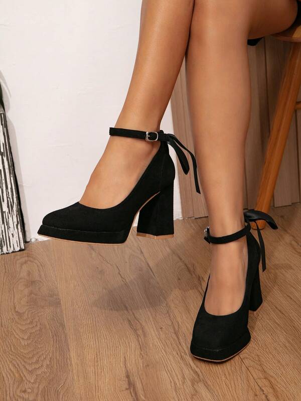 Zapatos de tacón de satén con estilo de fiesta para otoño/invierno para mujeres, con cuero sintético, hebilla de correa de tobillo, decoración de moño, plataforma gruesa y tacón de bloque, impermeables para San Valentín, elegantes, tipo Mary Janes