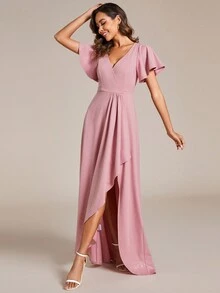 Elegant Ruffle Sleeve V-Neck Shiny Fabric Bridesmaid Dress - Pink - View 5