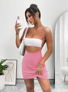 INAWLY Women's Color Block Waist Hollow Cami Dress - Pink - View 3