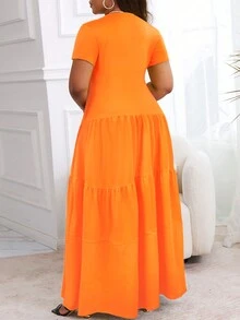 纯色大码女式长款荷叶边下摆连衣裙 - 橘色 - 查看 2
