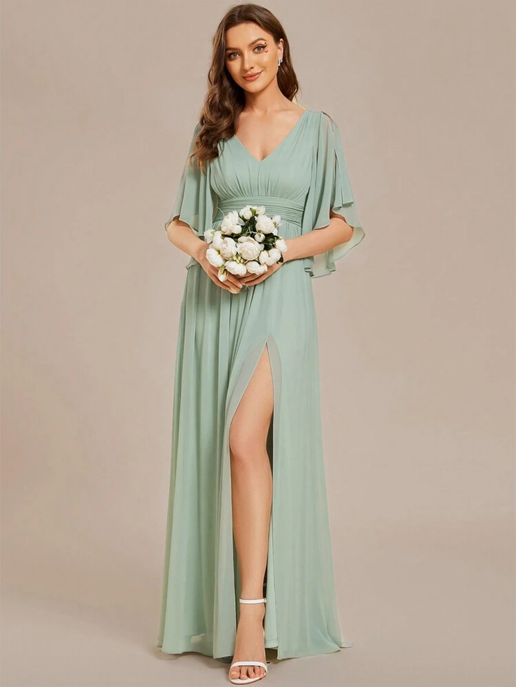 EVERPRETTY Elegantes Chiffon-Brautjungfernkleid in Salbeigrün mit Rüschen-Schulterausschnitt, V-Ausschnitt und hoher Taille, geeignet für Hochzeiten, Urlaub und Abschlussfeiern - Minzgrün - Übersicht 1