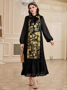 Al Najma 女士拼接花卉印花連衣裙,蝴蝶結領口和燈籠袖 - 彩色 - 查看 6
