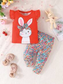 SHEIN 2pcs Baby Girls' Easter Bunny Patchwork Floral Print Short Sleeve Top And Long Pants Set For Summer - Multicolor - View 1