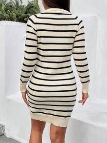 SHEIN Frenchy 條紋綜合毛呢縱橫肩釦細節毛衣連身裙 - 彩色 - 查看 6