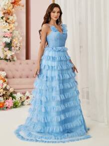 SHEIN Belle Women's 3d Floral Multi-Layer Ruffle Trim See-Through Mesh High Slit Cross-Back Strap Evening Dress - Blue - View 7