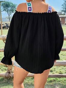 SHEIN SunnyBelle 女裝加大碼鉤針露肩寬鬆襯衫 - 黑色 - 查看 2