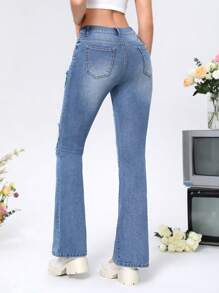 SHEIN MOD Women's Heart Design Frayed Flared Jeans - Light Wash - View 2