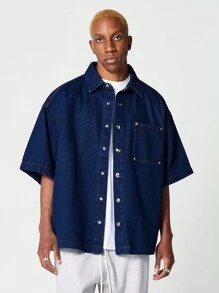 SUMWON Oversized Fit Short Sleeve Denim Shirt With Front Pocket - Blue - View 1
