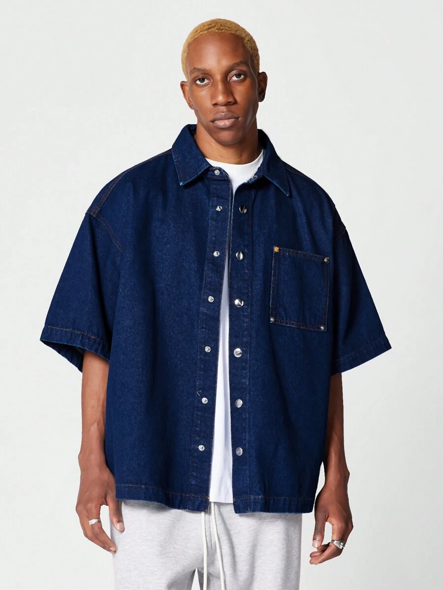 SUMWON Oversized Fit Short Sleeve Denim Shirt With Front Pocket - Blue - View 1